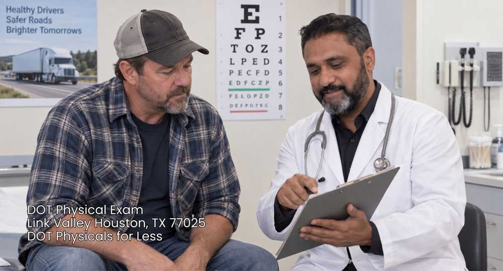 Male commercial driver discussing sleep health with a physician during a full DOT physical exam Houston checkup.