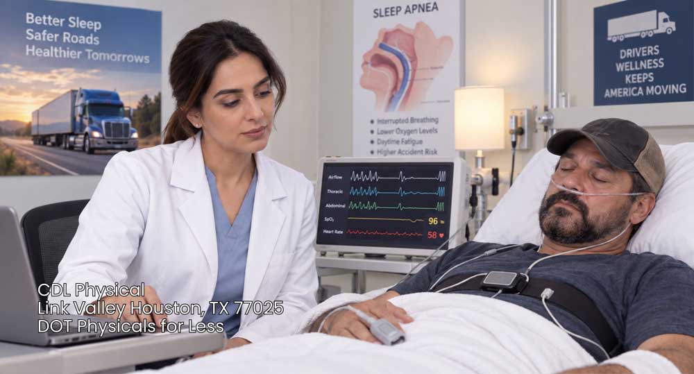Female doctor reviewing a driver's medical monitor during a CDL physical Houston test for sleep apnea evaluation.