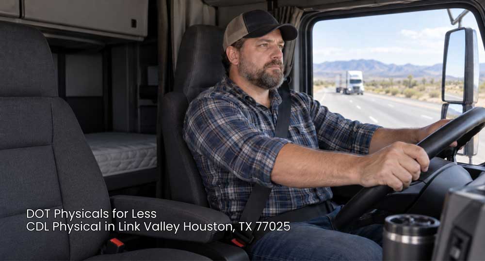 Male truck driver in plaid shirt holding steering wheel on highway during CDL physical Houston driving evaluation.