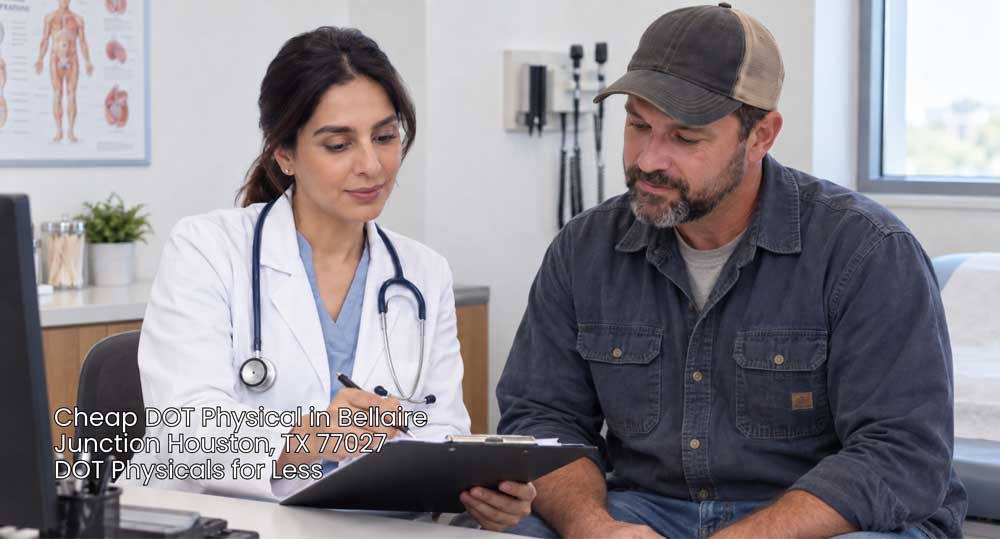 Female doctor reviewing medical paperwork with a truck driver during a cheap DOT physical Houston appointment.