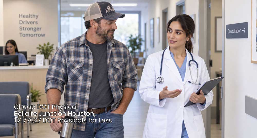 Male driver walking down clinic hallway with female doctor offering a cheap DOT physical Houston service.