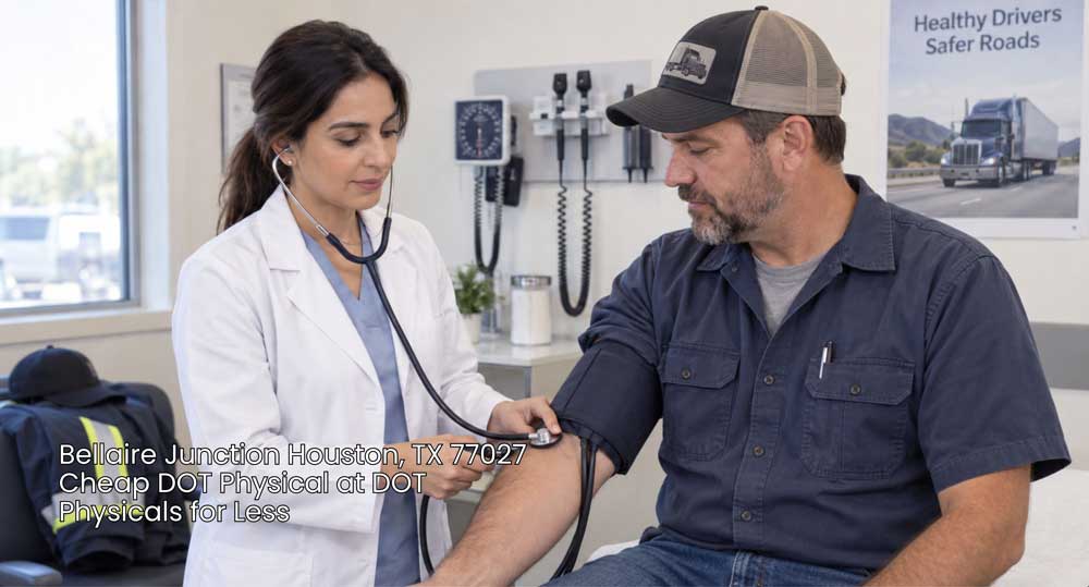 Female doctor checking a male driver's blood pressure during a cheap DOT physical Houston exam at the clinic.