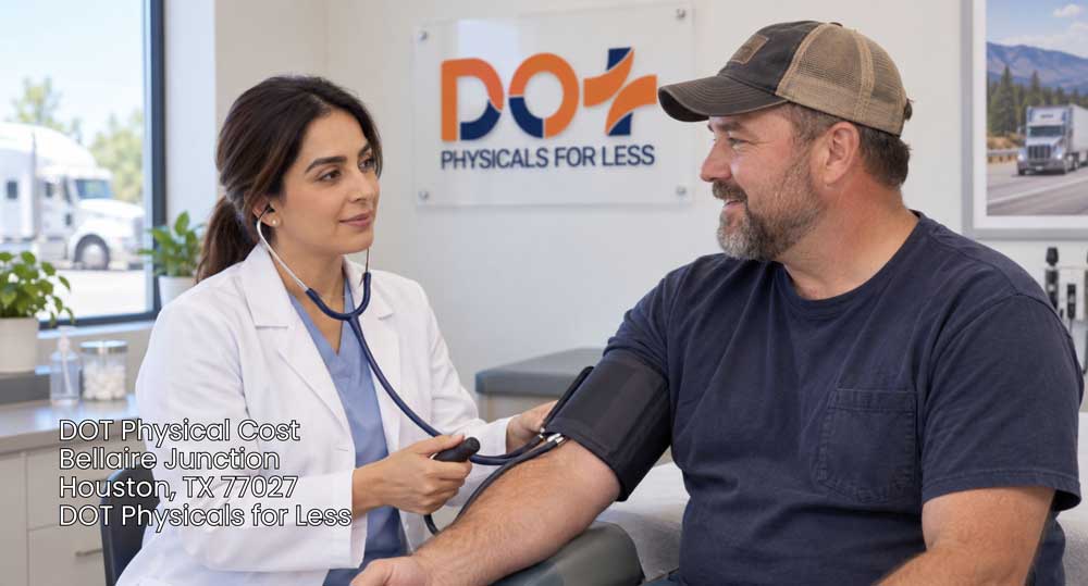 Doctor checking blood pressure on a male truck driver to evaluate lower DOT physical cost Houston options.