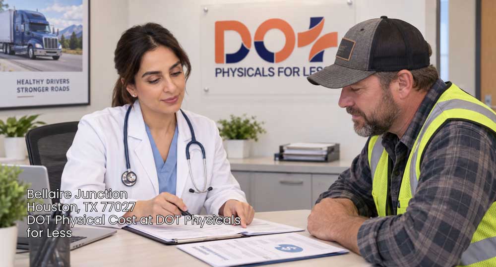 Doctor reviewing paperwork with a commercial driver asking about low DOT physical cost Houston services.
