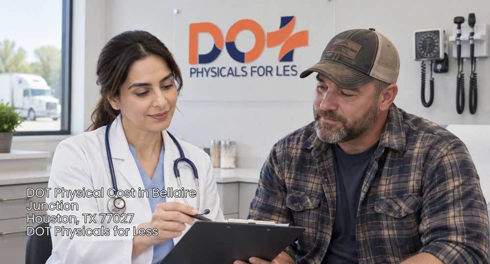 Female doctor holding clipboard while reviewing affordable DOT physical cost Houston options with a male driver.