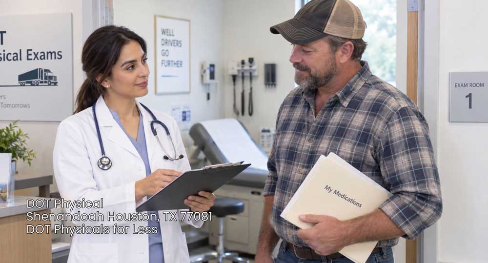 Female doctor reviewing a medical clipboard with a male driver during a commercial DOT physical Houston exam.