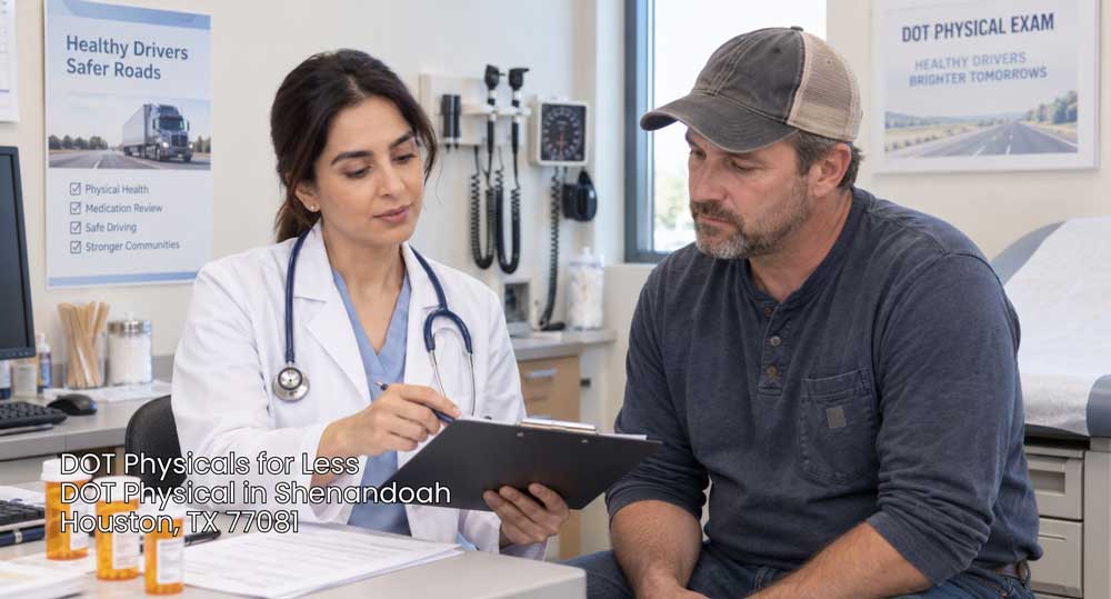 Female medical examiner discussing medication review forms with a driver for a DOT physical Houston exam.