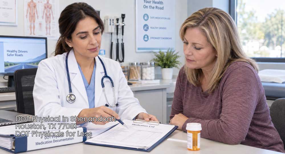 Female medical examiner reviewing a driver's medication list during a commercial DOT physical Houston exam.